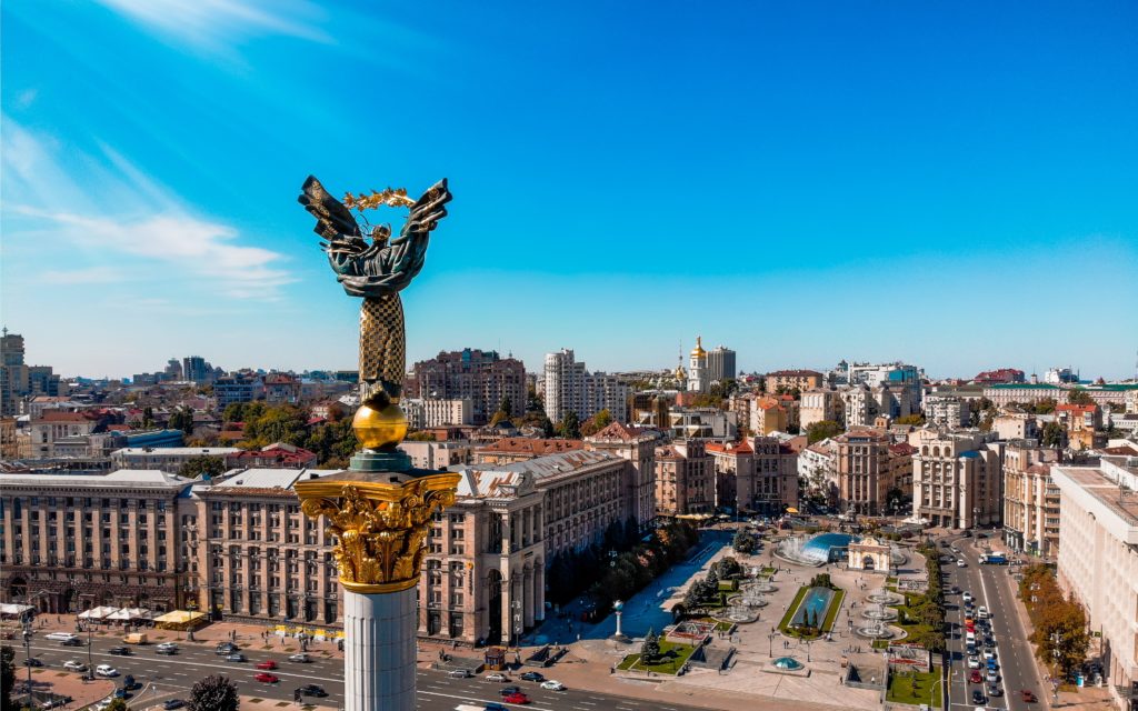 Aerial photo overlooking monument at the Independence Square in Kiek, Ukraine